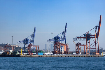 View of Asian side of Istanbul from the ferry, port and skyline of Istanbul Turkey
