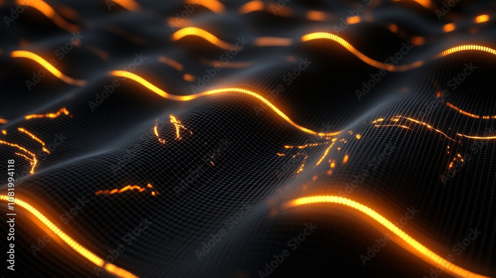 Poster Abstract Representation of Flowing Waves with Glowing Orange Lines Over a Dark Background Highlighting Light and Motion in a Digital Atmosphere