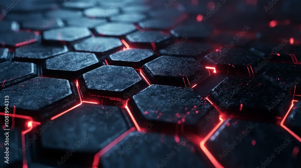 Aufkleber Abstract Background with Hexagonal Patterns and Glowing Red Lines, Futuristic Textures for Technology and Science Theme, Perfect for Digital Media Projects