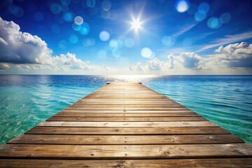Fototapeta premium Serene Wooden Pier Overlooking Azure Sea with Bokeh Effect, Photorealistic Warm Lighting, Peaceful Landscape, High-Resolution Textures, Tranquil Natural Scene