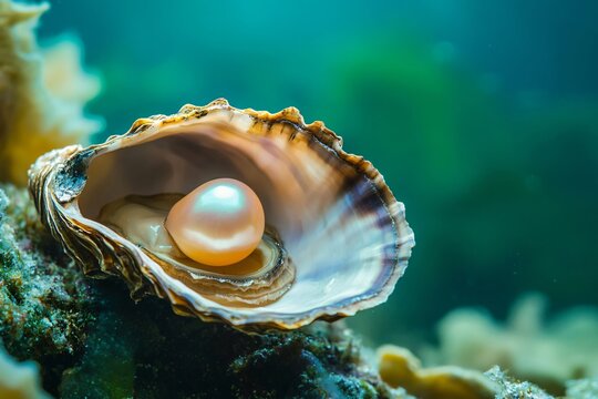 Single pearl resting inside an open oyster shell underwater, showcasing the beauty and wonder of nature