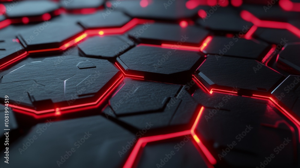 Aufkleber Abstract pattern of dark hexagons illuminated by vibrant red lines, creating a futuristic background suitable for technology, digital art, or design projects.