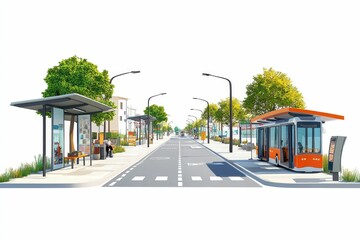 Fototapeta premium Bus stop on a sunny street with trees.