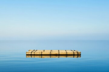 Bamboo raft floating on calm blue water.