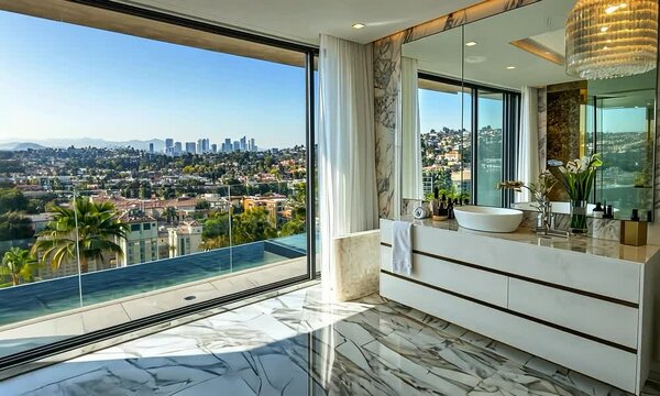Hollywood Glam bathroom with luxurious finishes, opulent details, and a view of a scenic mountain range