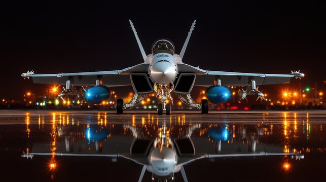 Imposing Military Aircraft at Night with Reflections on Wet Runway Surrounded by City Lights Creating a Dramatic and Captivating Scene