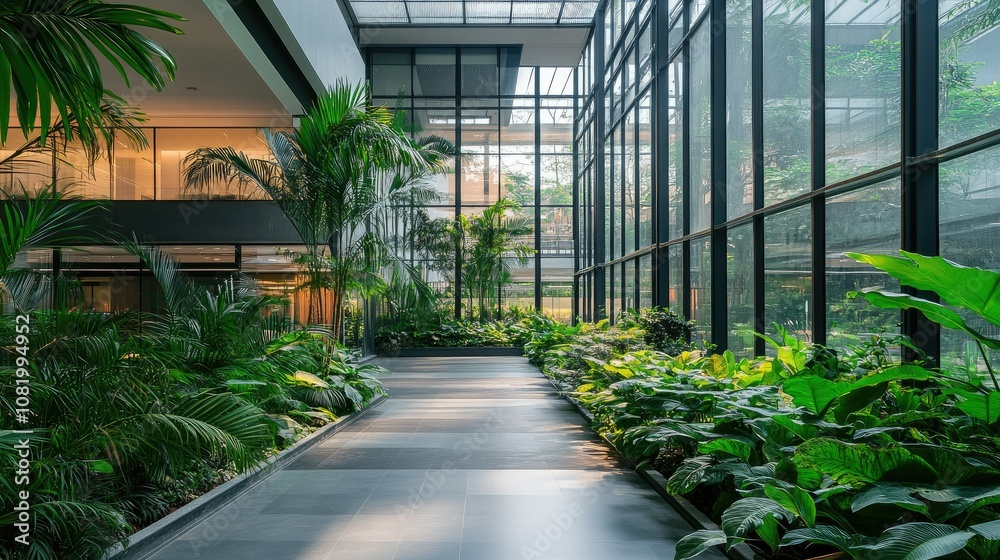 Poster architecture image with a modern glass building with a lot of green plants