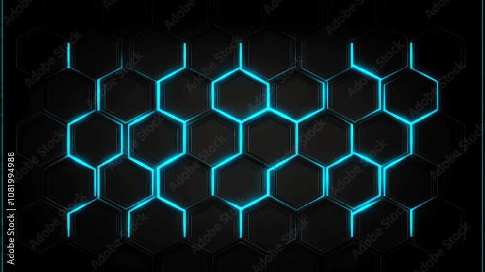 Leinwandbilder Futuristic Hexagonal Pattern with Neon Blue and Black Background Creating a Modern Technology Inspired Aesthetic for Digital Designs and Textures