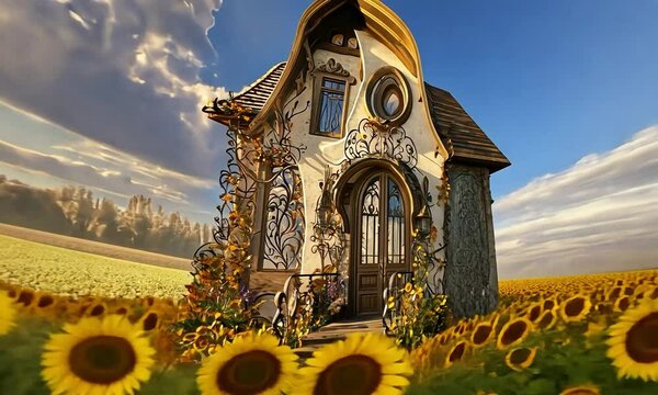 Art Nouveau home with intricate exterior details and decorative ironwork, showcasing a charming view of a peaceful countryside with golden fields