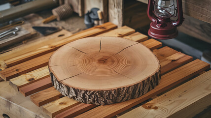Obraz premium A rustic wooden slice, showcasing the intricate grain patterns and weathered bark of a maple tree, rests atop weathered wooden planks. Ideal for natural and earthy design projects. 