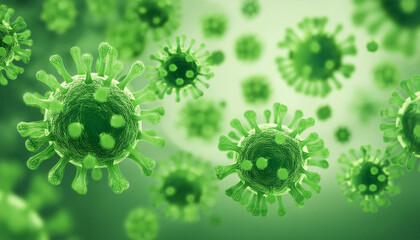 Green viral cells in motion under microscope. Scientific research, medical concept. Close-up.