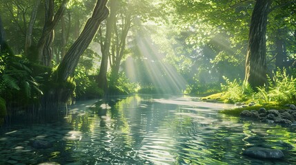 Obraz premium A Scene of Sunrays Passing Through Trees
