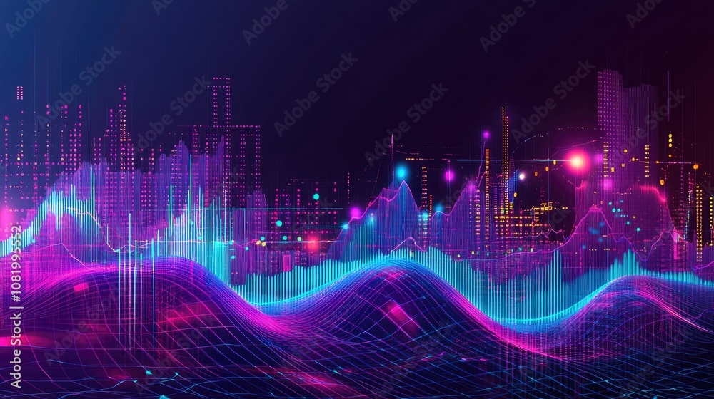 Poster abstract depiction of financial graphs and charts in neon colors