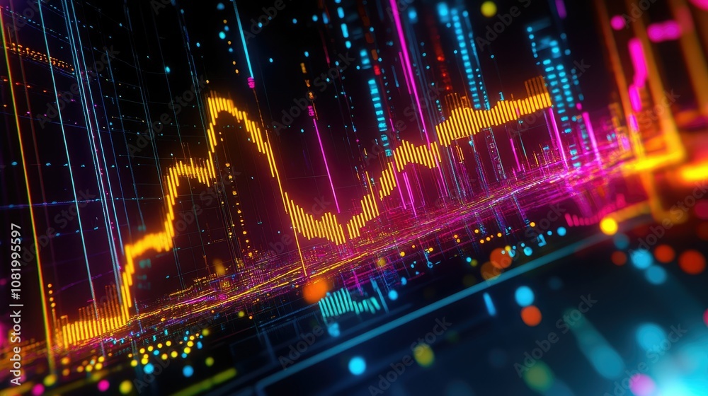 Poster abstract depiction of financial graphs and charts in neon colors
