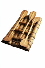 Four wooden paddles and a bamboo raft.