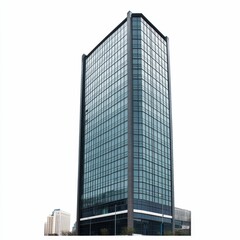 Tall glass building against white background.