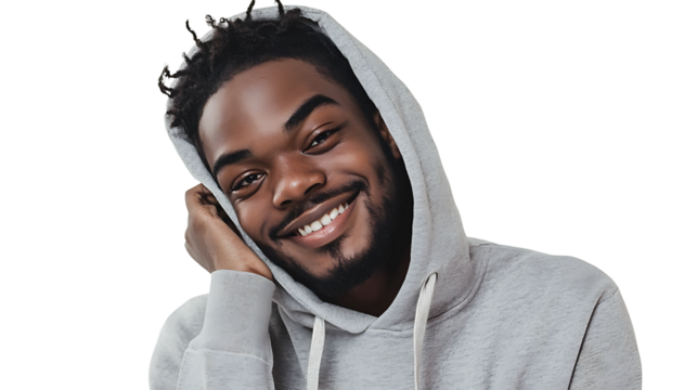 A smiling African American wearing a hoodie, posing in casual clothes, isolated on a transparent background