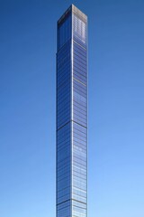 Obraz premium Tall glass skyscraper against blue sky.
