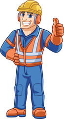 friendly steelworker cartoon character in full safety gear giving thumbs up