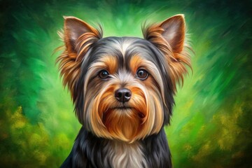Naklejka premium Stunning Macro Photography of a Yorkshire Terrier Painting with Black and Brown Coat on a Vibrant Green Background, Ideal for Dog Lovers and Pet Art Enthusiasts