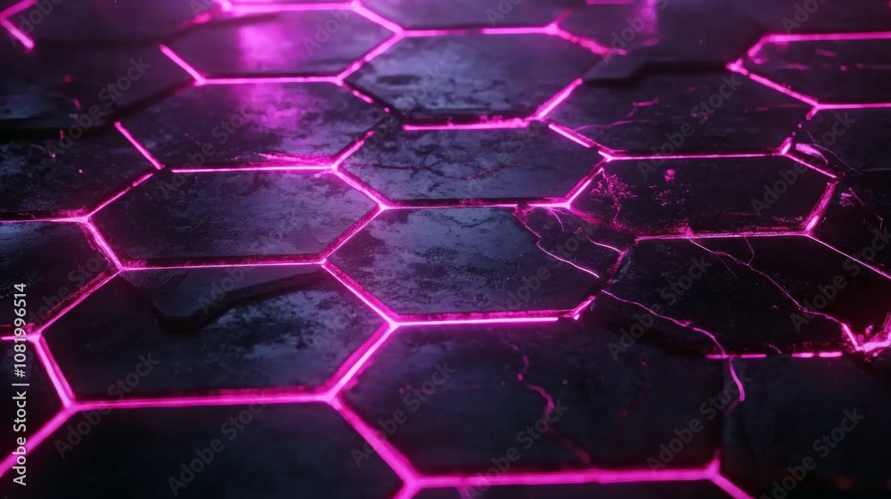 Fototapete futuristic hexagonal pattern with glowing magenta lines on dark surface ideal for technology, gaming