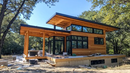 Obraz premium Modern Wooden House Under Construction in Nature