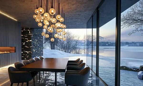 Futuristic chandelier in a sleek glass-walled living room overlooking a rugged coastal cliff with crashing waves below