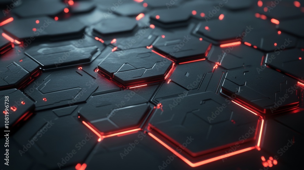 Aufkleber Futuristic Dark Hexagonal Pattern with Neon Red Glow, High-Tech, Digital Aesthetic, Abstract Design, Modern Background for Technology and Innovation Themes