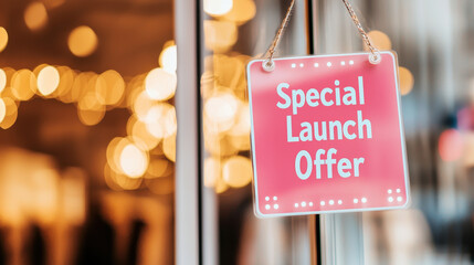 Special launch offer sign hanging on store window, attracting customers with bright colors and festive lights in background, creating welcoming atmosphere