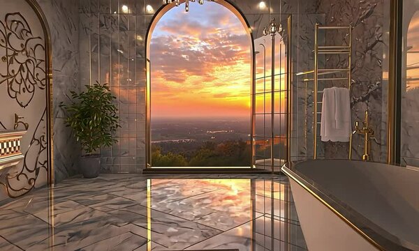 Hollywood Glam bathroom with luxurious finishes, opulent details, and a view of a scenic mountain range