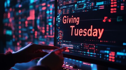Hand reaching towards a digital screen displaying Giving Tuesday in vibrant ASCII art style during a tech themed event