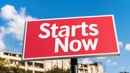 Bold red banner with Starts Now text against blue sky, conveying urgency and excitement for sale or event. Perfect for promotional materials