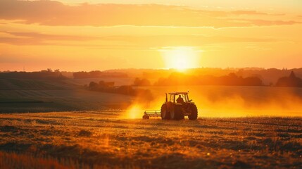Agriculture Machinery. Tractor Plowing Field at Sunset with Copy Space
