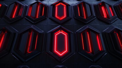 Futuristic Abstract Wall Design with Glowing Red Neon Lights and Geometric Shapes Capturing Modern Aesthetic in a Dark Environment