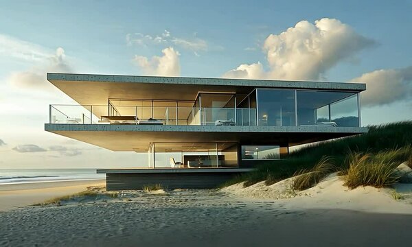 Contemporary beach house on a high bluff, with floor-to-ceiling windows and open floor plan, showcasing a stunning view of a sandy beach and clear blue ocean