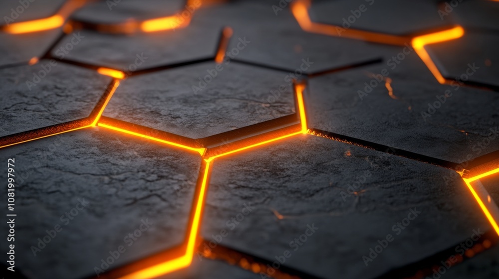 Aufkleber Close-Up View of Hexagonal Stone Tiles with Glowing Orange Lines Creating a Unique and Modern Background Texture for Various Design Projects