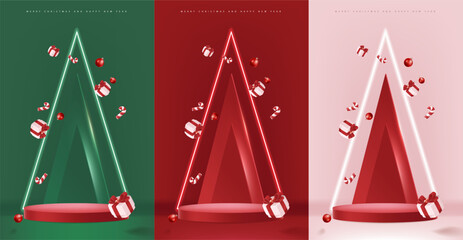 Merry Christmas and happy new year banner with red product display cylindrical shape and christmas tree and Light art decoration