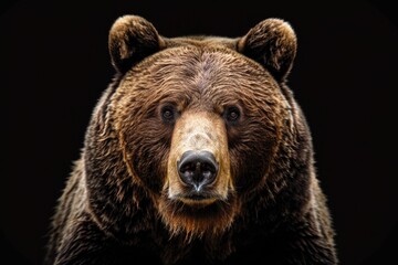Fototapeta premium Bear Face. Close-up Portrait of Adult Alaskan Brown Bear on Black Background
