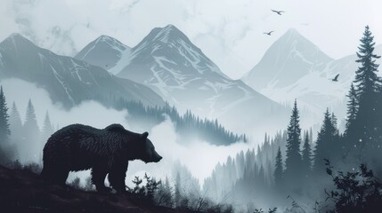 Bear With Mountains. Minimal Wilderness Landscape with Foggy Mountains and Bear Silhouette