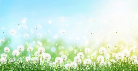 Fototapeta premium Bright and Dreamy Dandelion Field with Soft Focus Background, Capturing the Beauty of Nature's Simple Wonders in a Serene Environment