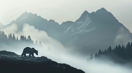 Bear With Mountains. Minimalistic Landscape Featuring Bear Silhouette Amid Misty Mountain Scenery