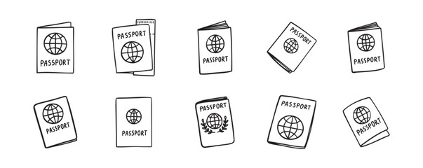 Linear doodle hand drawn passport icon set. Outline drawing international passport control, travel concept