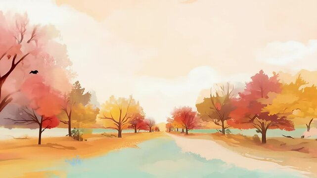 leaves cartoon Japanese anime watercolor painting style seasonal nature themed content 4K fall tree weather leaf orange season design yellow foliage maple sun plant colours forest art