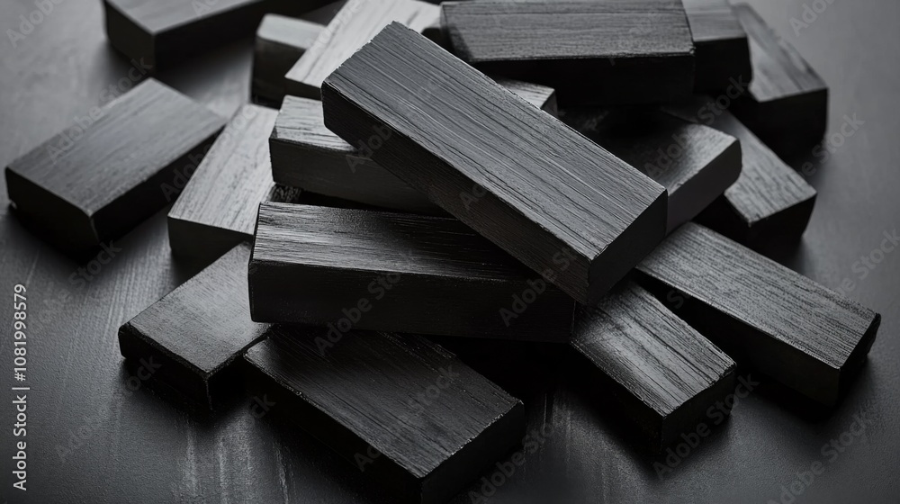 Poster A Collection of Smooth Black Wooden Blocks Stacked Randomly on a Dark Surface, Perfect for Artistic Backgrounds and Creative Projects