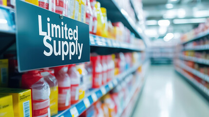 Limited supply sign in retail store aisle with colorful product packaging. image captures sense of urgency and scarcity in shopping environments