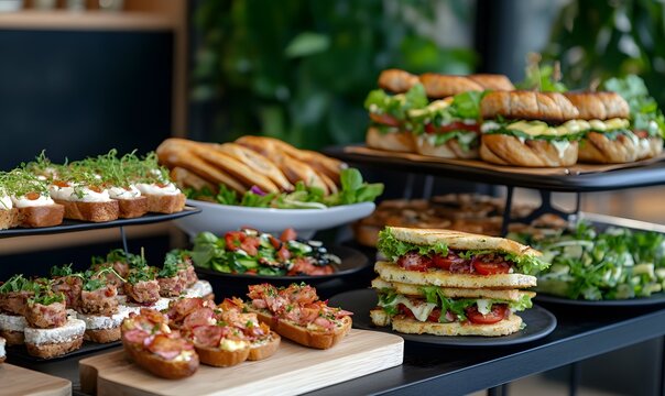 Catering buffet table with delicious sandwich canap&eacute;s and appetizers, Generative AI