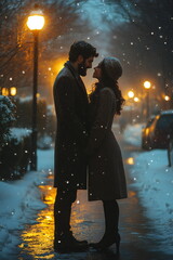 A couple stands close together in the snow, their faces illuminated by the warm glow of streetlights, as they share a romantic moment.