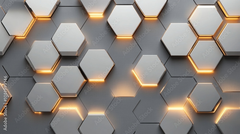 Poster Abstract geometric background with hexagonal tiles featuring illuminated edges in a modern design, perfect for technology, innovation, or architectural themes.