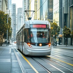 Obraz premium Modern tram on tracks in a city setting.