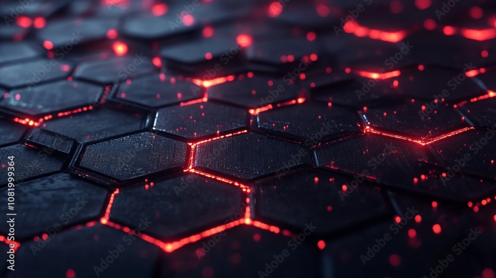 Poster Abstract close-up view of a dark hexagonal surface with glowing red elements in between, creating an energetic and futuristic visual design, suitable for technology and innovation themes
